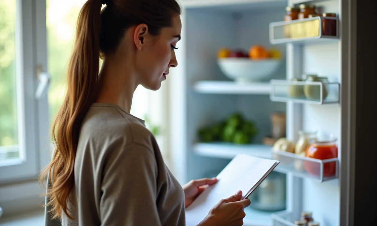 Mulher planejando compras com lista e geladeira vazia.