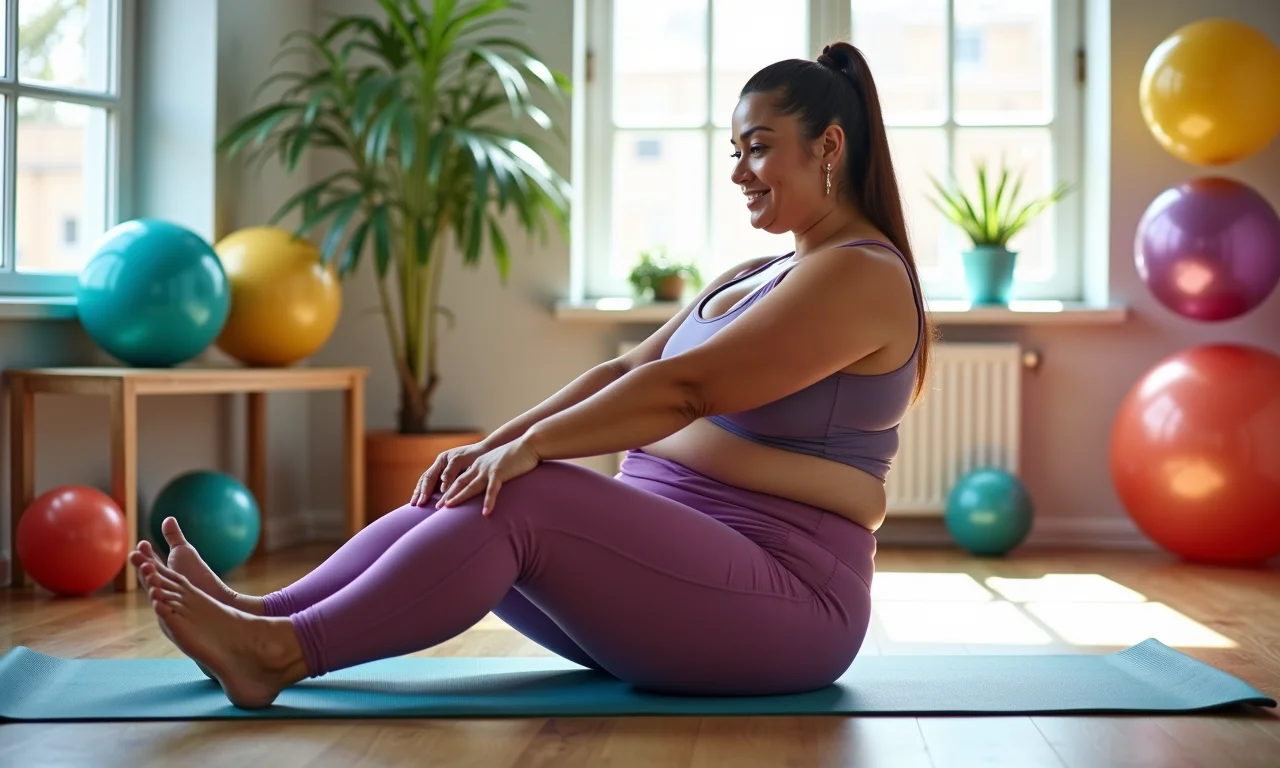 Mulher plus size usando bola de Pilates para exercícios de core.