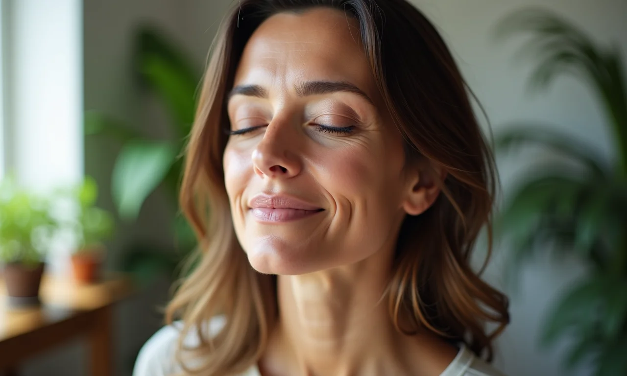 Ioga Facial: Exercícios Para Relaxar o Rosto Mulher praticando ioga facial em casa para relaxar o rosto.