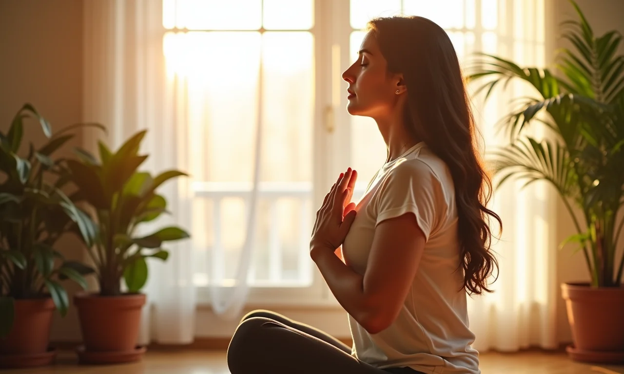 Mulher praticando respiração diafragmática em um ambiente tranquilo.