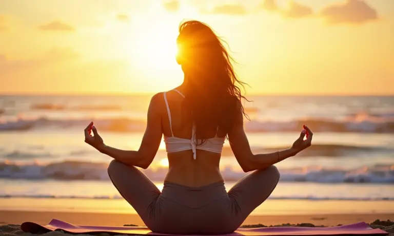 Mulher praticando Saudação ao Sol na praia ao nascer do sol.