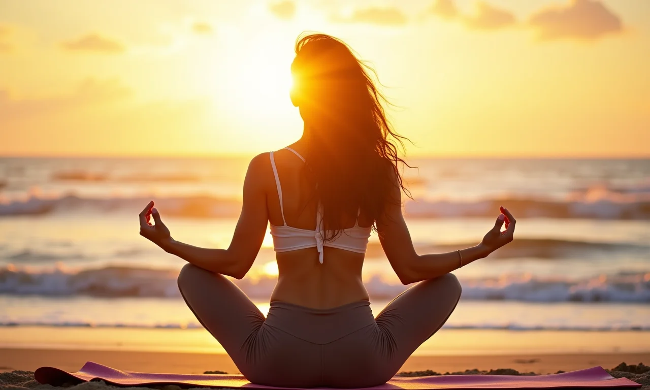 Saudação ao Sol: Passo a Passo Para Iniciantes Mulher praticando Saudação ao Sol na praia ao nascer do sol.