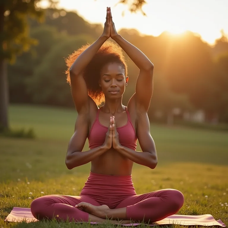 Mulher praticando yoga ao ar livre, cuidando da saúde física e mental
