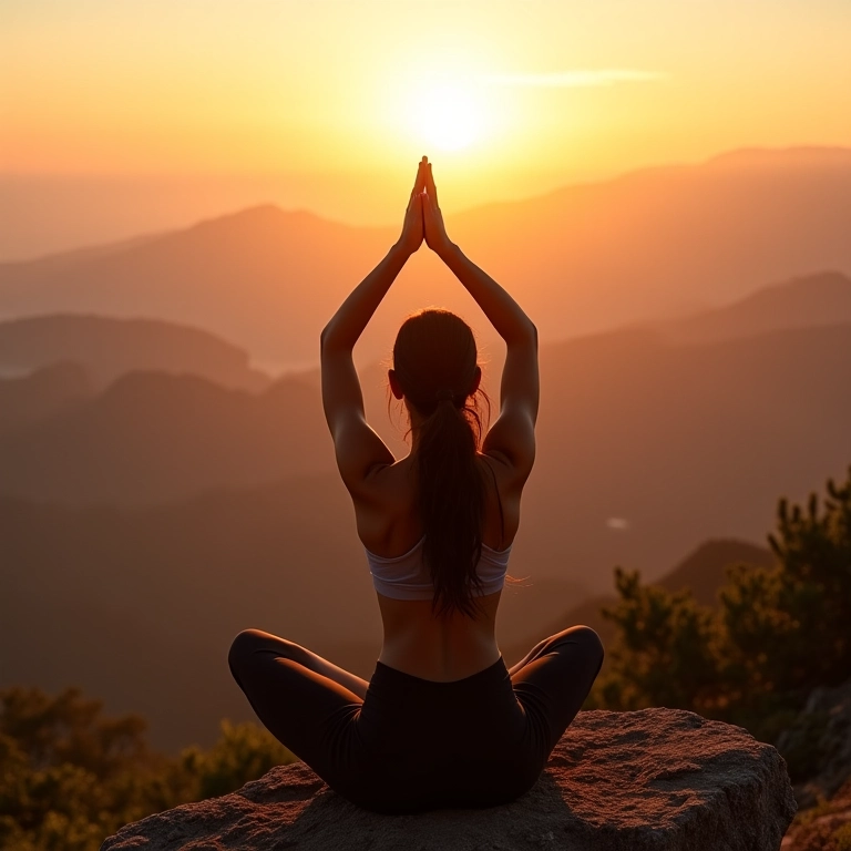 Mulher praticando yoga ao nascer do sol em montanha, conectando-se com seu espírito e a natureza.