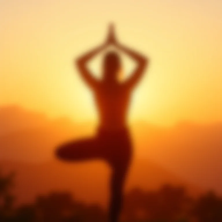 Mulher praticando yoga ao nascer do sol.