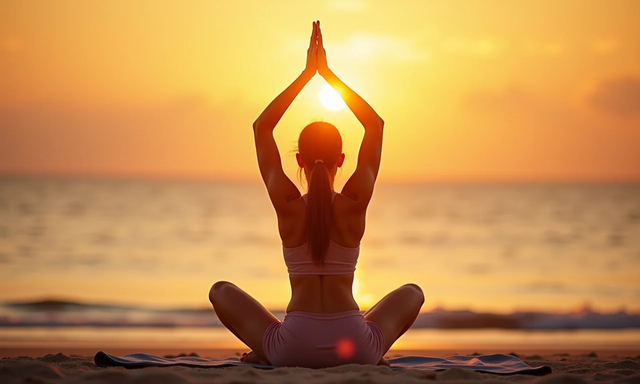 Mulher praticando yoga na praia ao nascer do sol, expressando gratidão.