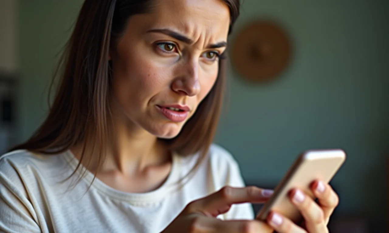 Mulher preocupada analisando aplicativo de monitoramento menstrual.
