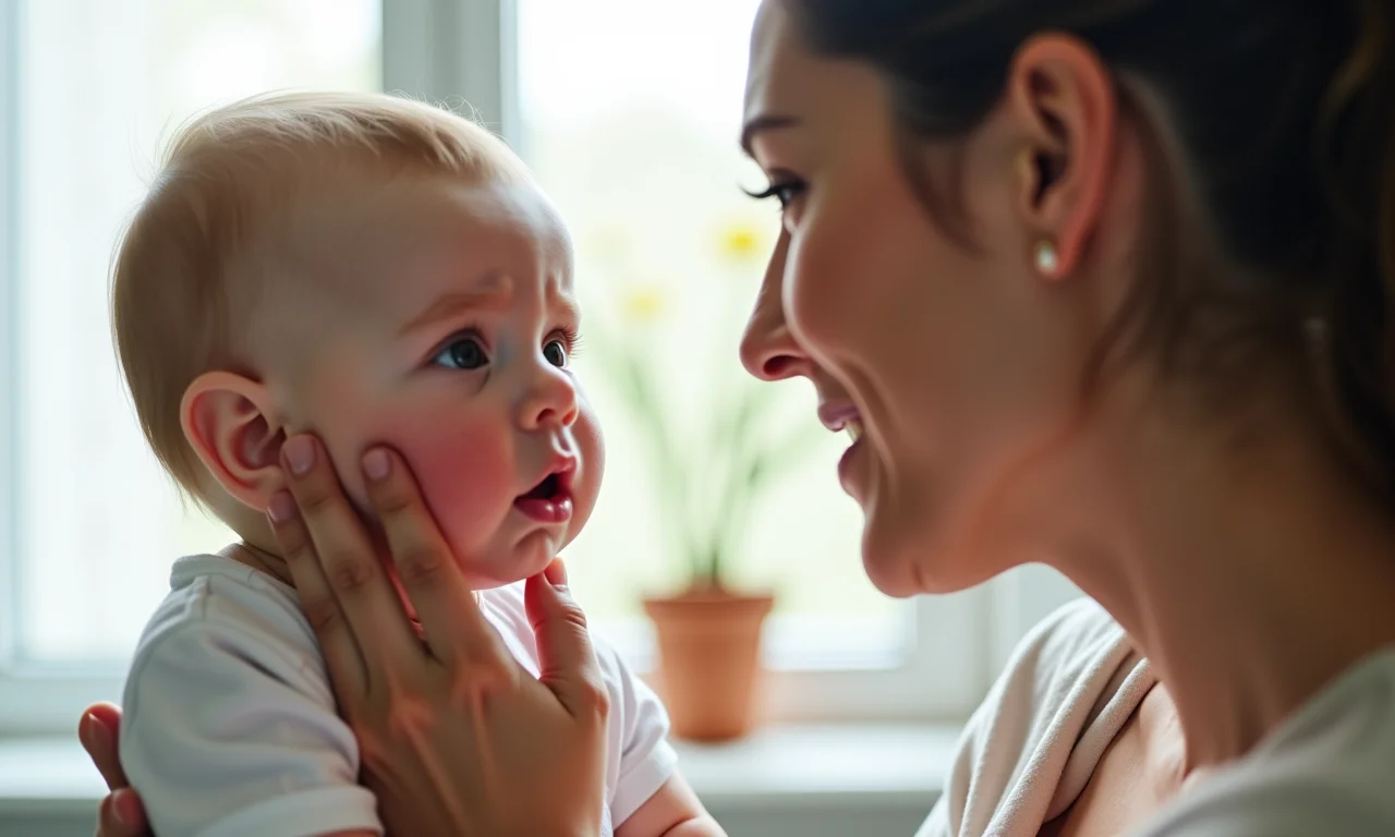 Mulher preocupada olhando para o rosto do bebê.