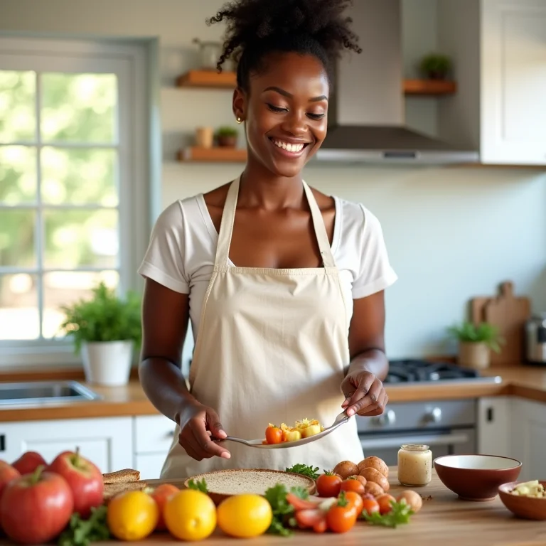 Mulher preparando café da manhã saudável.