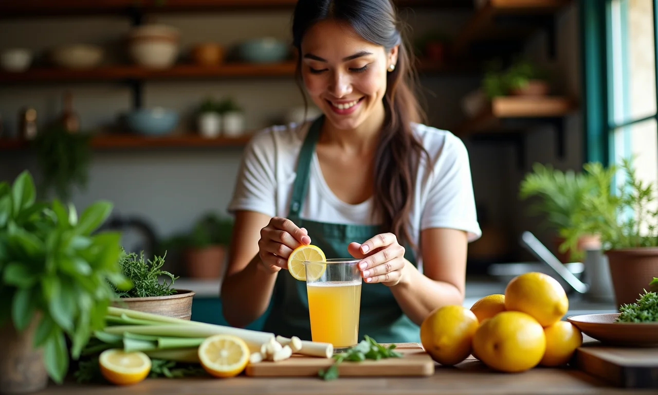 Mulher preparando chá de capim-limão em cozinha rústica.
