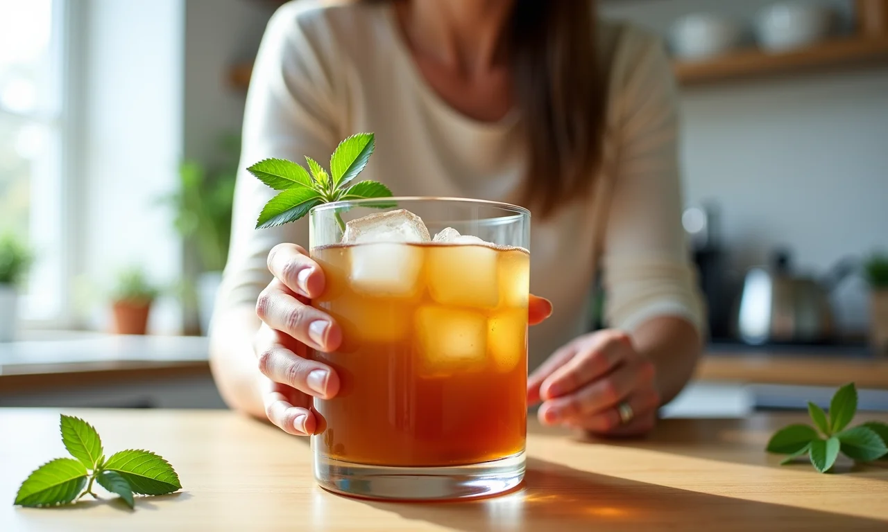 Mulher preparando chá gelado com estévia, demonstrando o controle de açúcar.