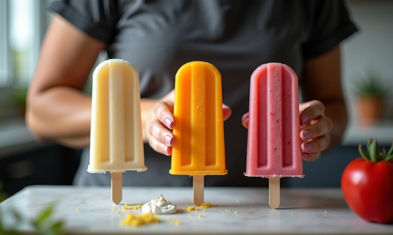 Mulher preparando geladinhos gourmet em casa com equipamentos profissionais.