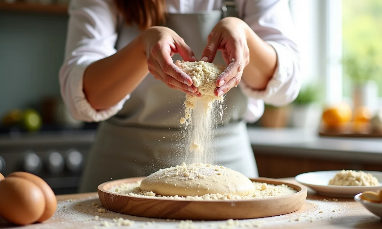 Mulher preparando massa de pão integral caseiro em cozinha iluminada.