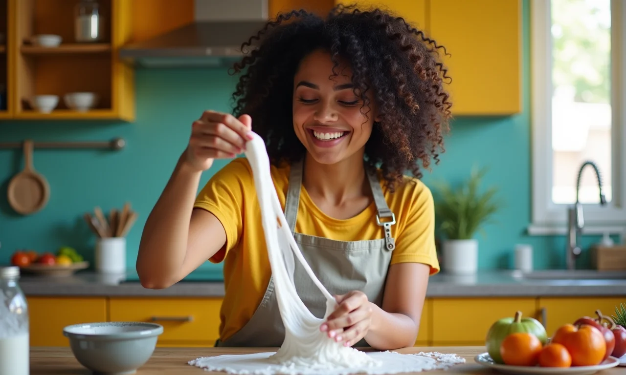 Mulher preparando slime caseiro com água boricada e bicarbonato em cozinha colorida.
