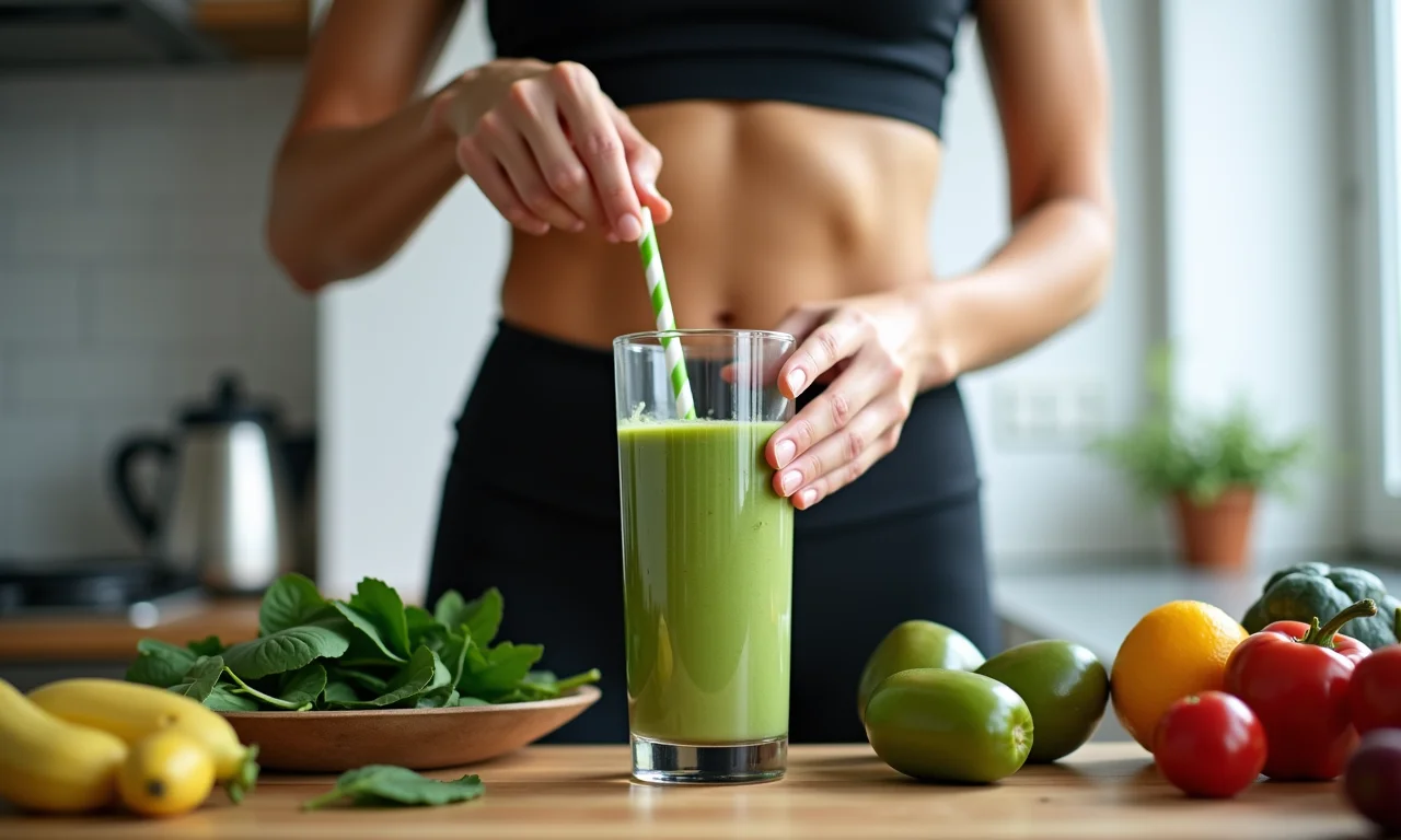 Mulher preparando smoothie de cará e espinafre.
