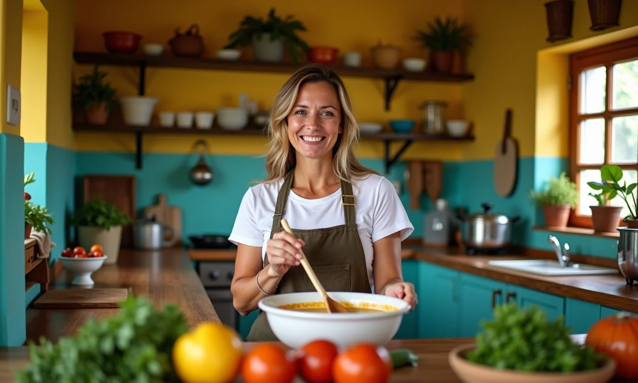 Mulher preparando sopa de cará em cozinha brasileira.