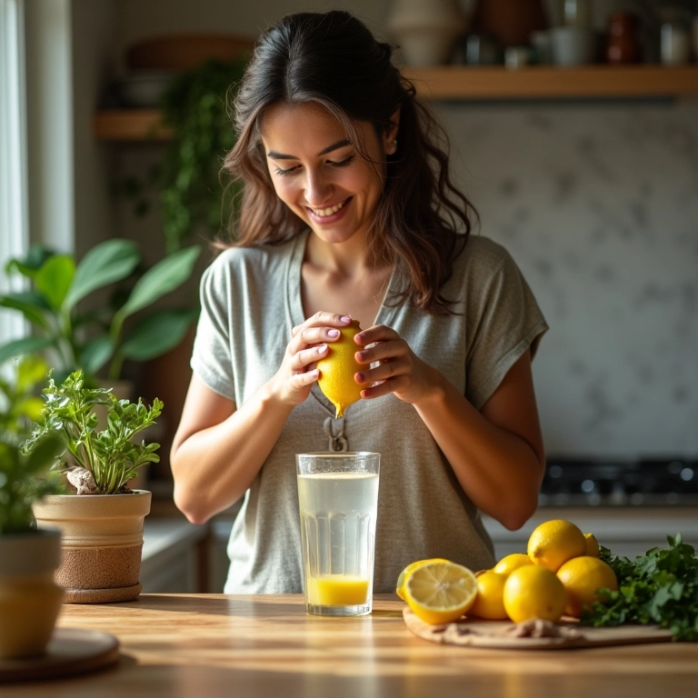 Mulher preparando suco de limão em jejum.
