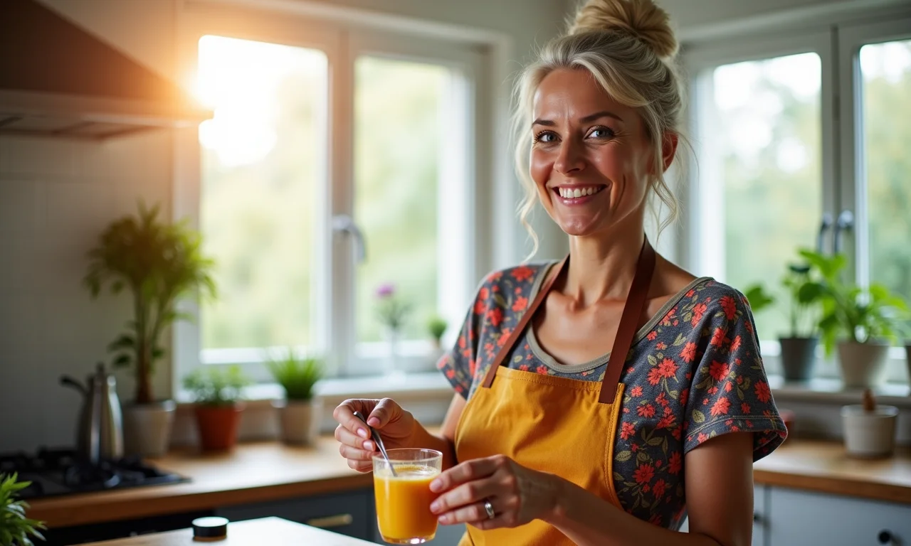Mulher preparando um latte de cúrcuma.