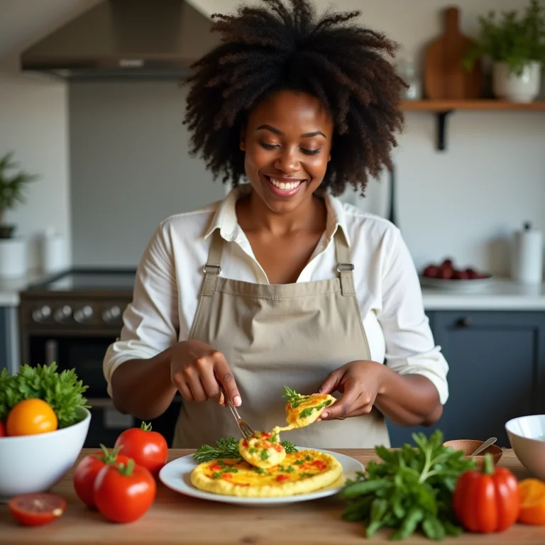 Mulher preparando um omelete turbinado com legumes frescos.