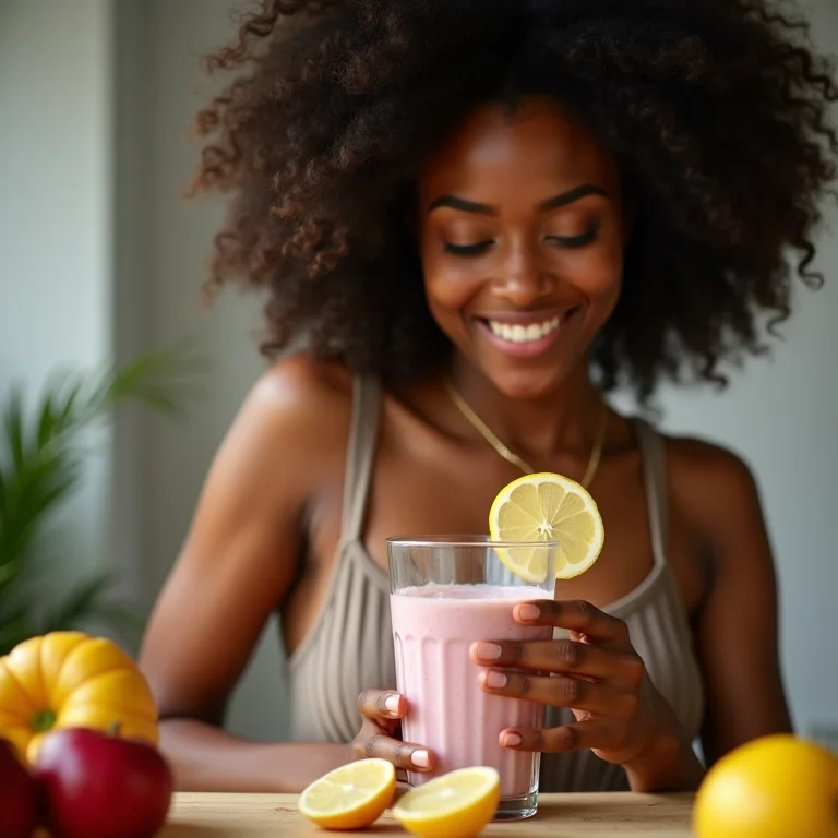 Mulher preparando um smoothie com iogurte e frutas, representando a inclusão de probióticos na dieta.