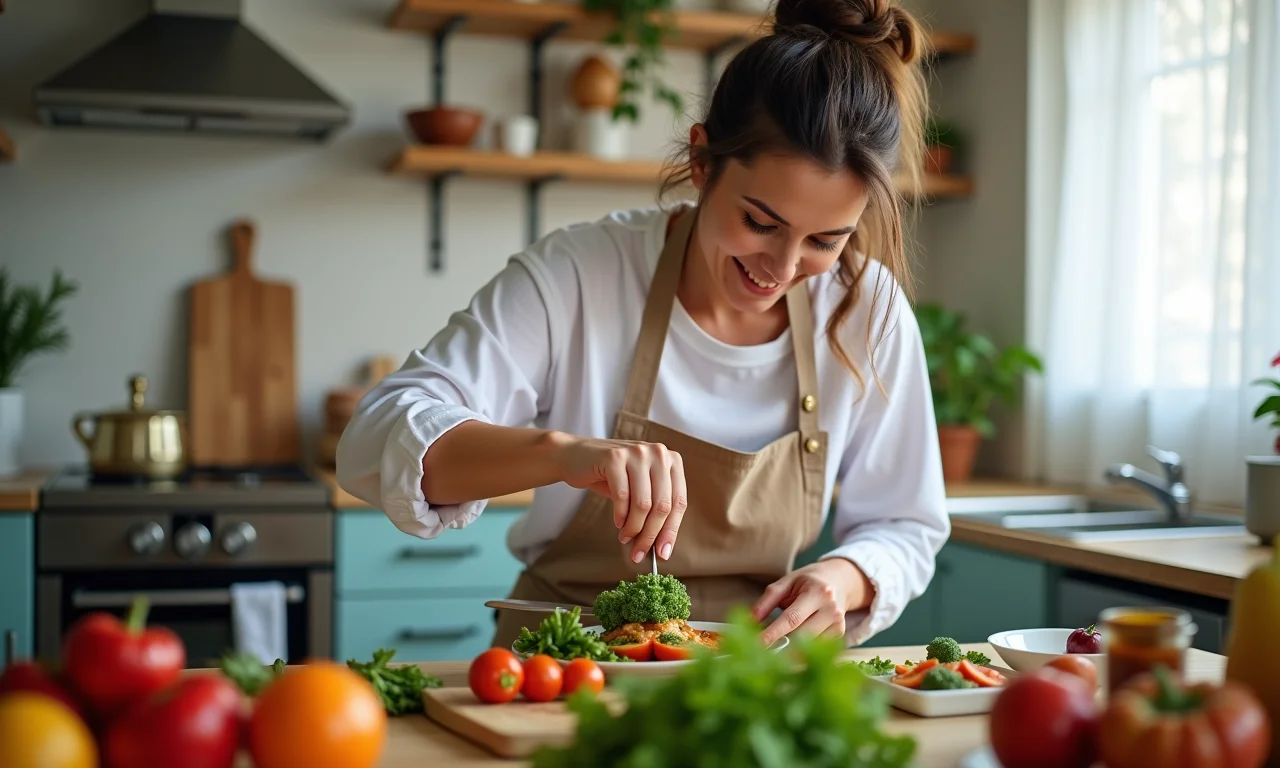 Mulher preparando uma refeição rápida e saudável em uma cozinha movimentada.