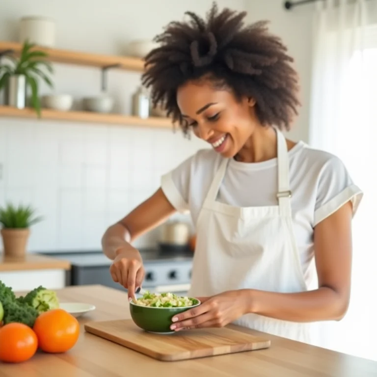 Mulher preparando uma refeição saudável.