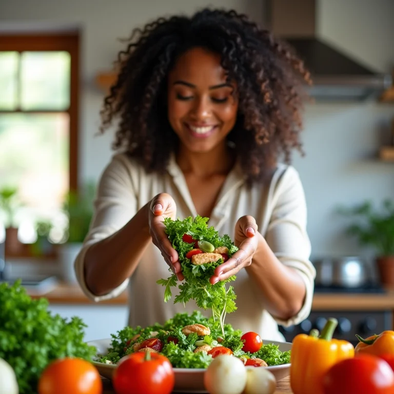 Mulher preparando uma salada completa com ingredientes frescos.