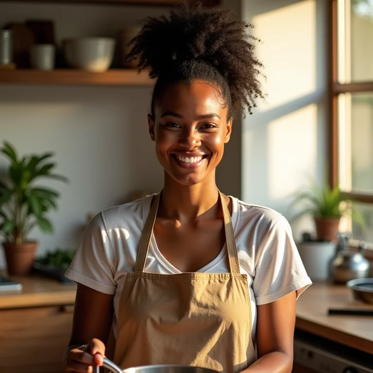 Mulher preparando virado à paulista com sorriso genuíno
