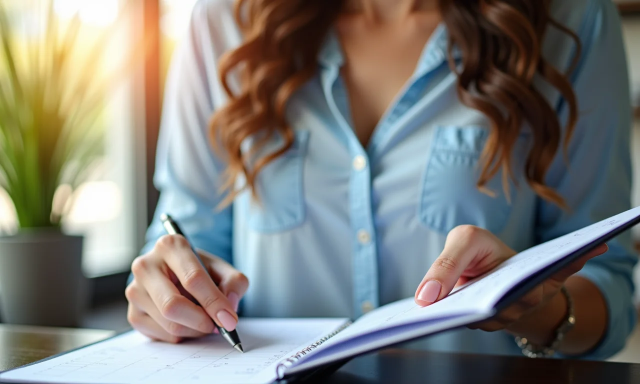 Mulher priorizando tarefas em seu planejador.