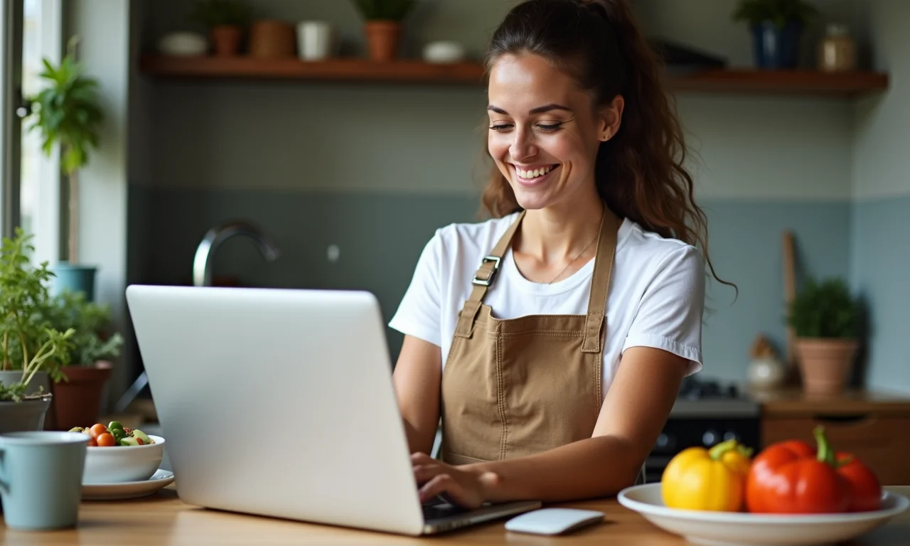 Mulher procurando moldes de avental de cozinha gratuitos online.