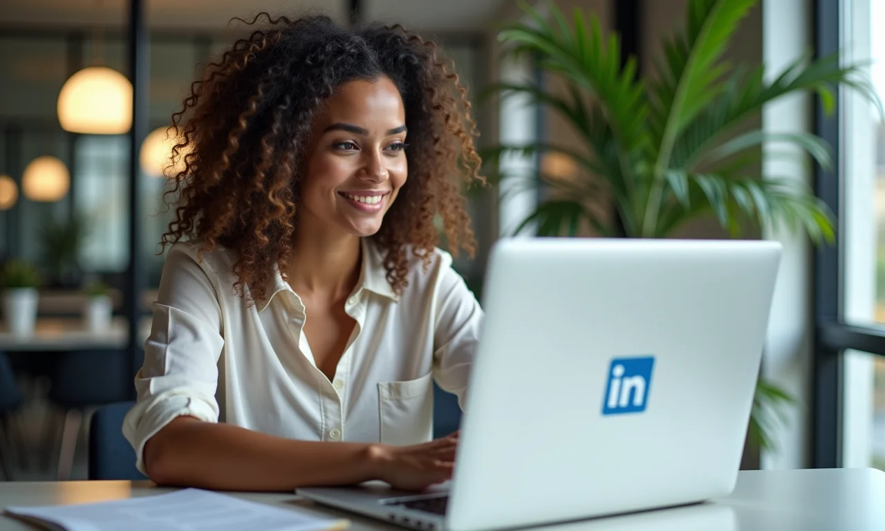 Mulher profissional usando o LinkedIn em um escritório moderno no Brasil.