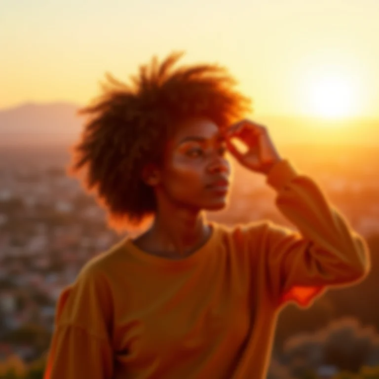 Mulher protegendo os olhos do sol durante o pôr do sol