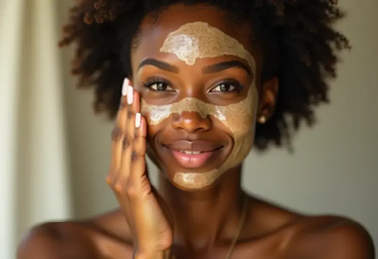 Mulher radiante aplicando máscara facial caseira