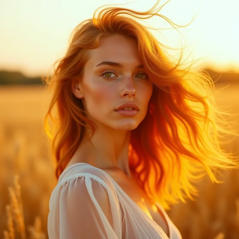 Mulher radiante com cabelo ruivo acobreado dourado