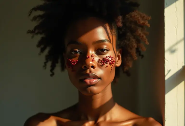 Mulher radiante com pele saudável cercada por zimbro