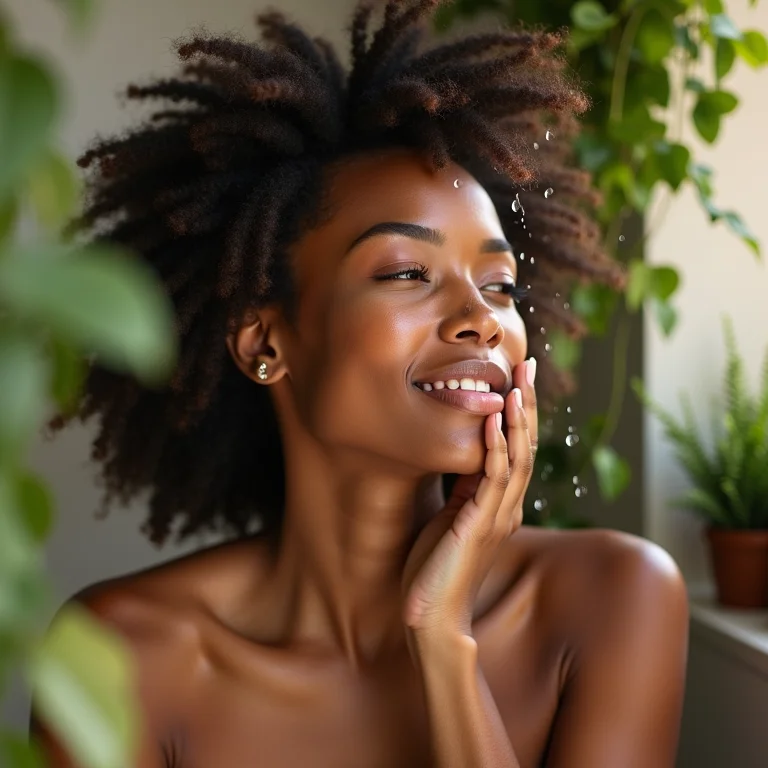Mulher radiante cuidando da pele em banheiro com jardim vertical
