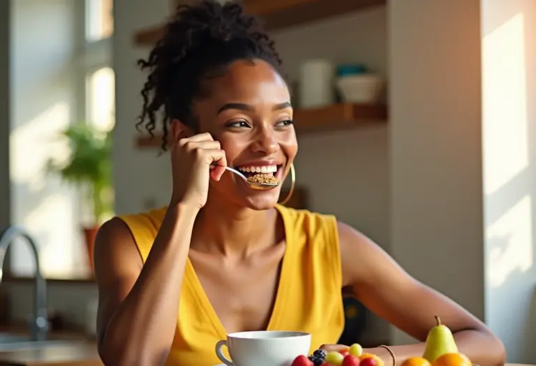Mulher radiante saboreando um café da manhã saudável.