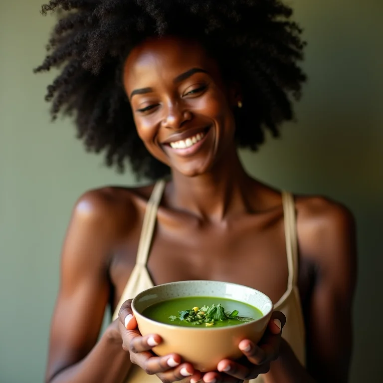 Mulher radiante segurando sopa detox
