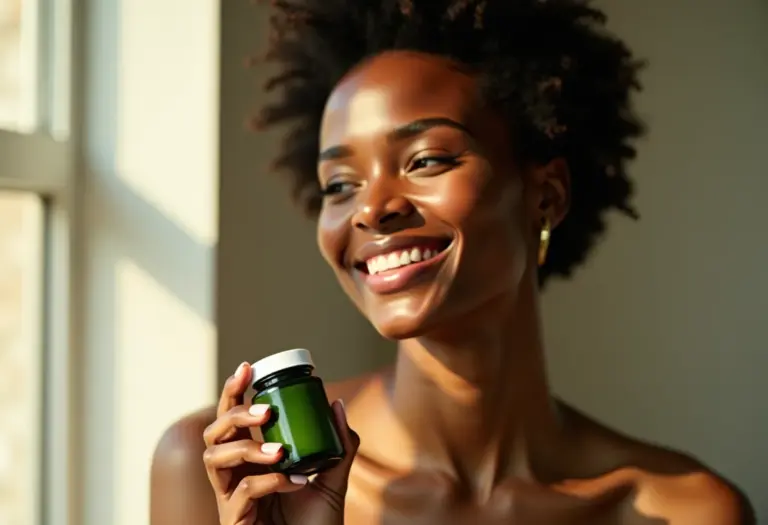 Mulher radiante segurando suplemento de clorella.