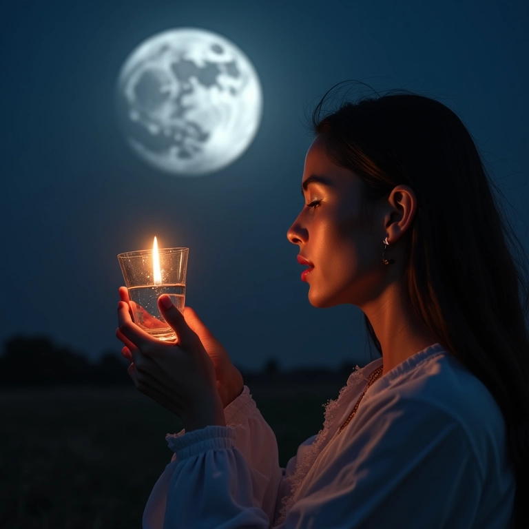 Mulher realizando ritual da água sob a luz da lua nova.