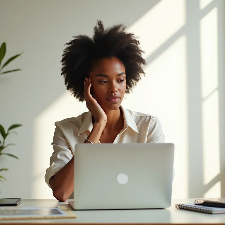 Mulher refletindo sobre suas necessidades no trabalho, buscando autoconsciência.