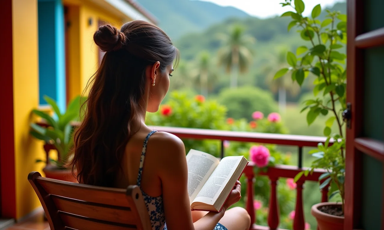 Mulher reflexiva lendo 'Como Eu Era Antes de Você' em varanda florida.