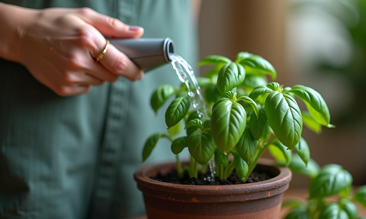 Mulher regando manjericão em vaso.