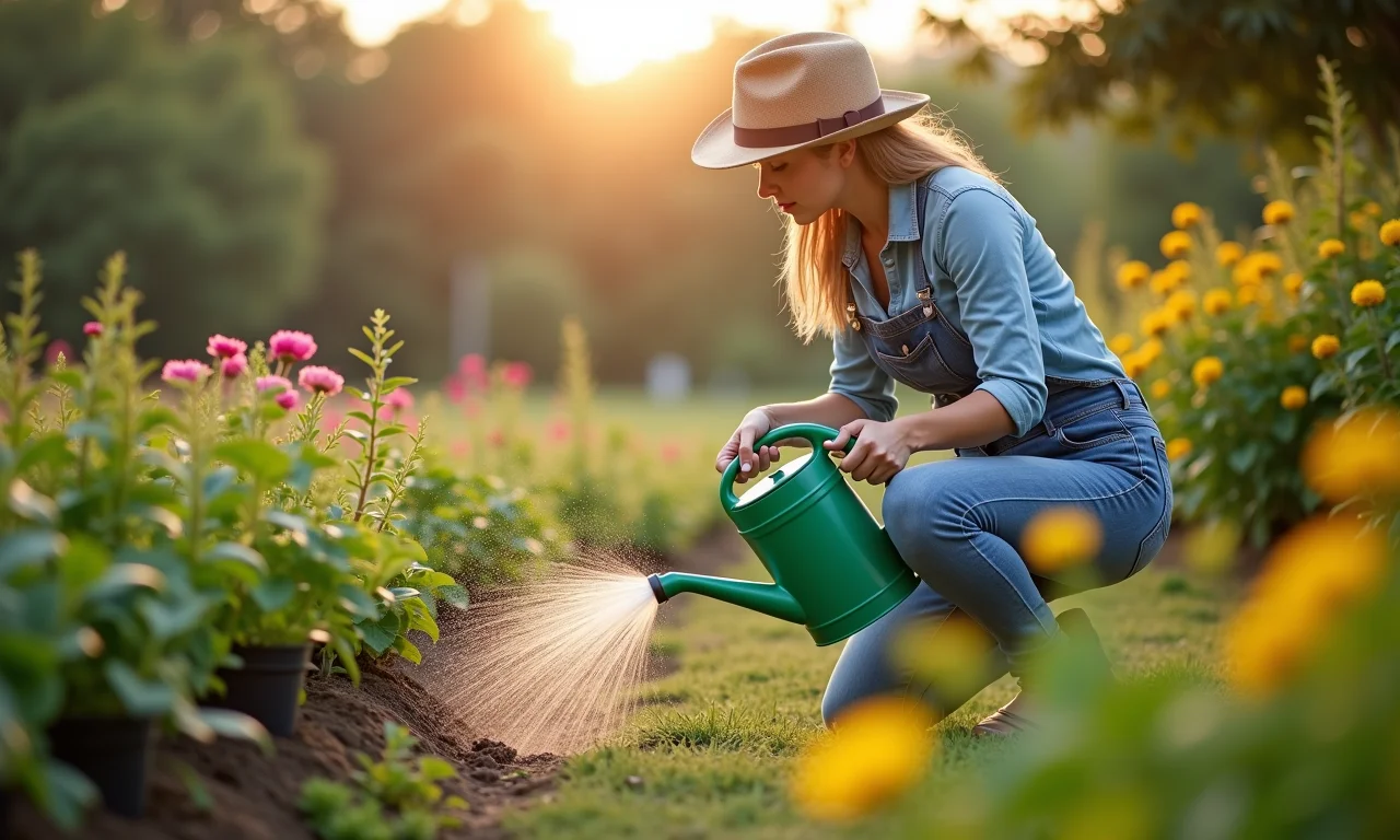 Mulher regando plantas em um jardim com um regador.