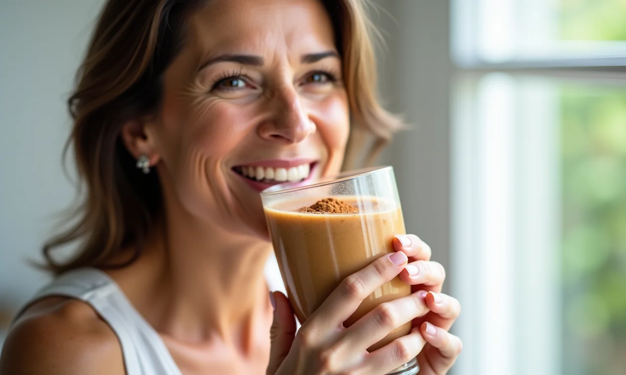 Mulher relaxada bebendo smoothie com canela.