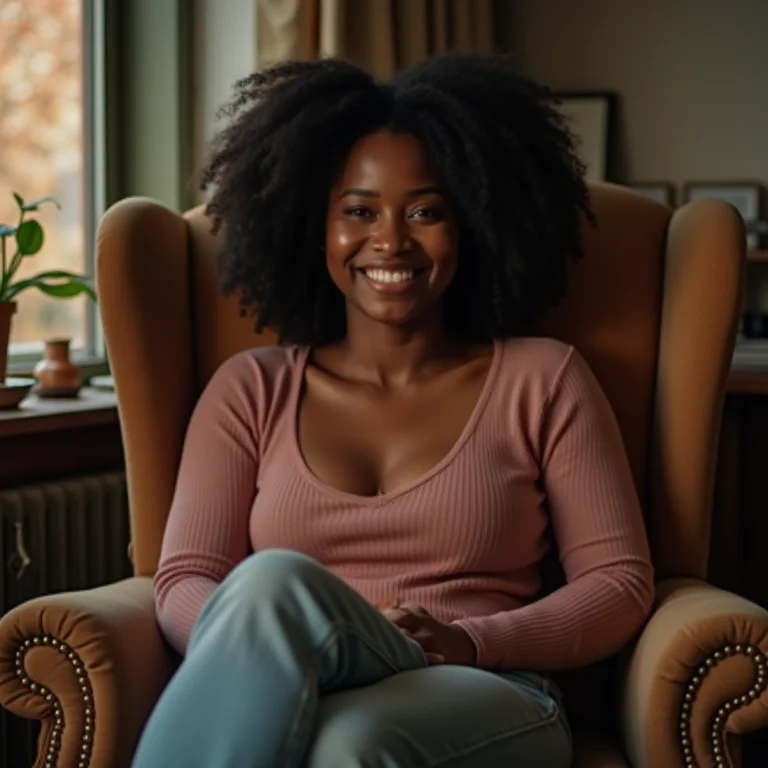Mulher relaxada em poltrona na sala de estar.
