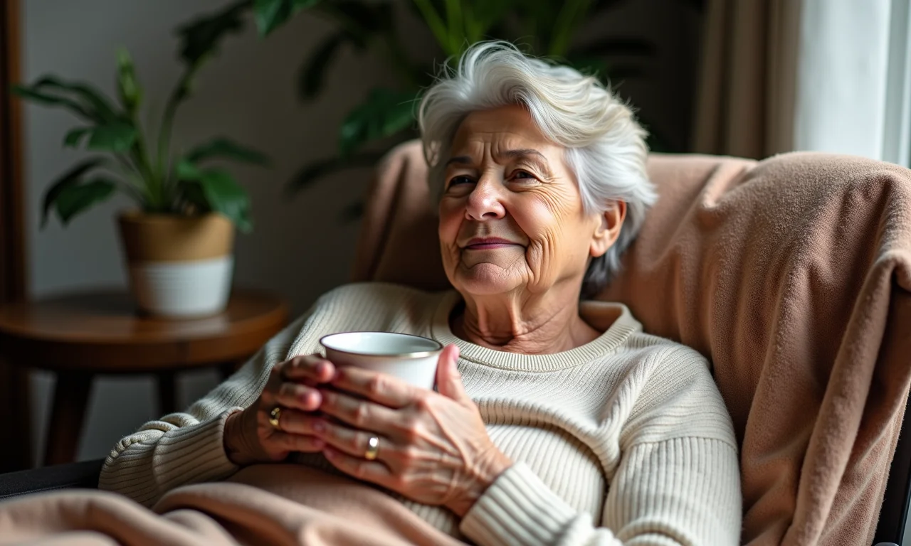 Mulher relaxando com chá de amora para alívio dos sintomas da menopausa.