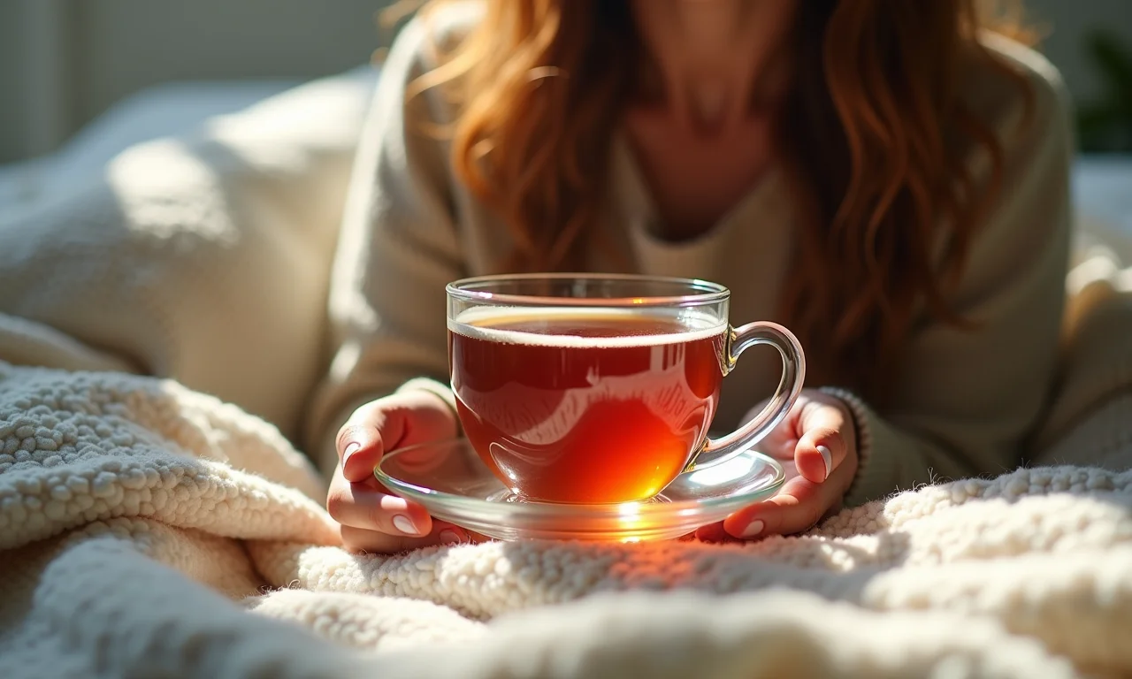 Mulher relaxando com chá de camomila para alívio de cólicas.
