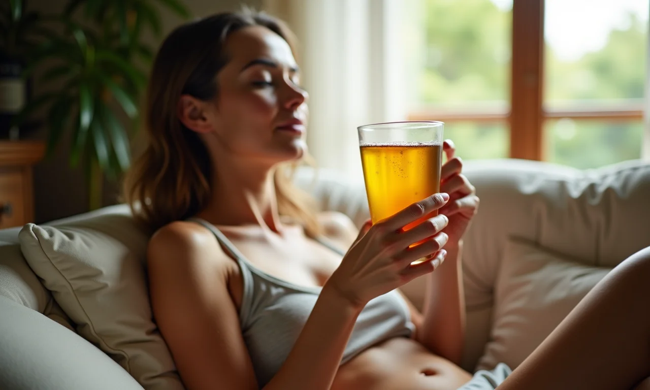 Mulher relaxando com chá de capim-limão em sala aconchegante.