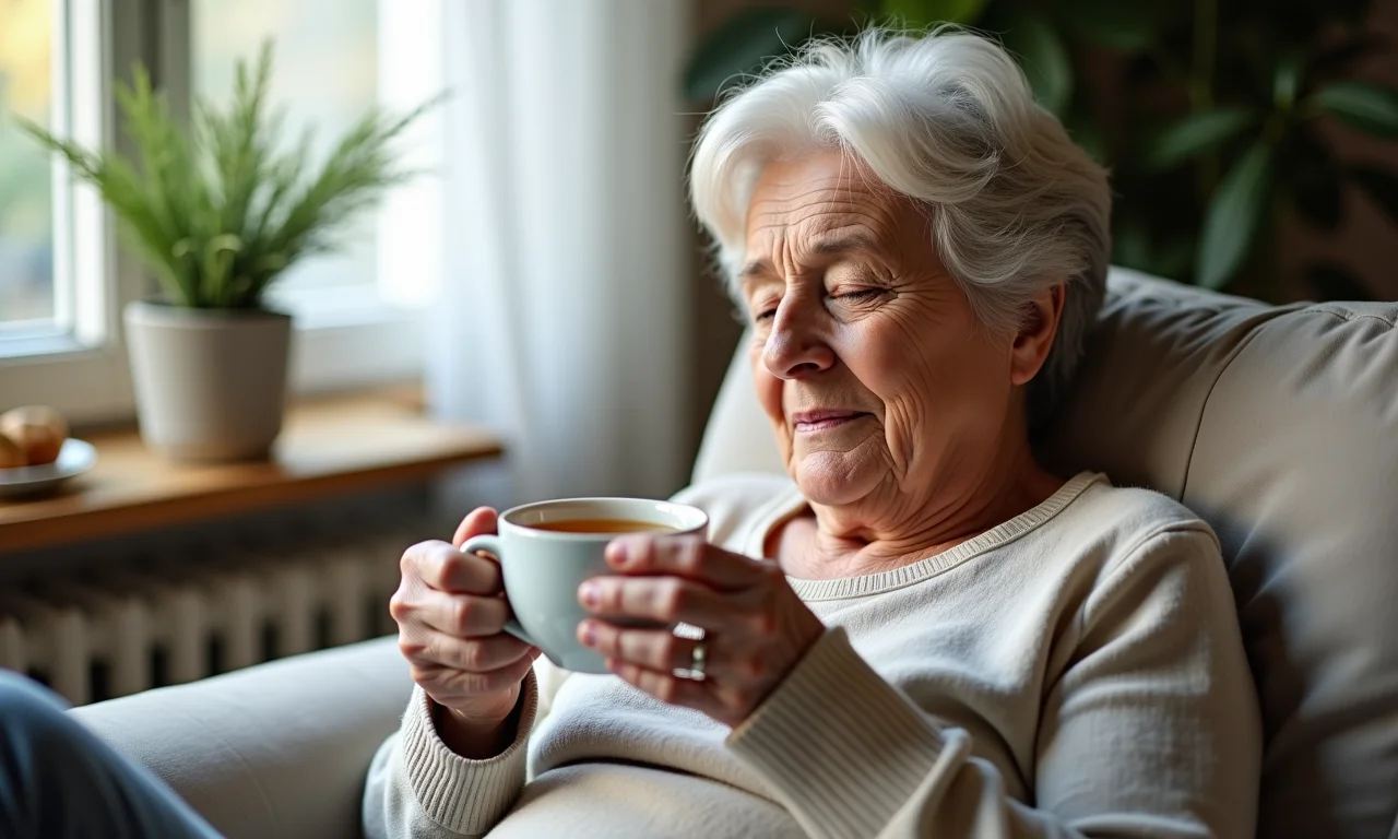 Mulher relaxando com chá de zimbro, alívio de dores.